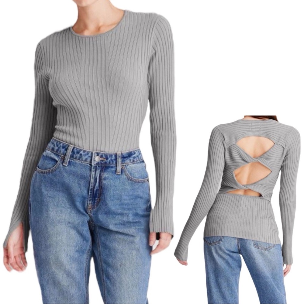 Gray Ribbed Long Sleeve Top with Back Cutouts